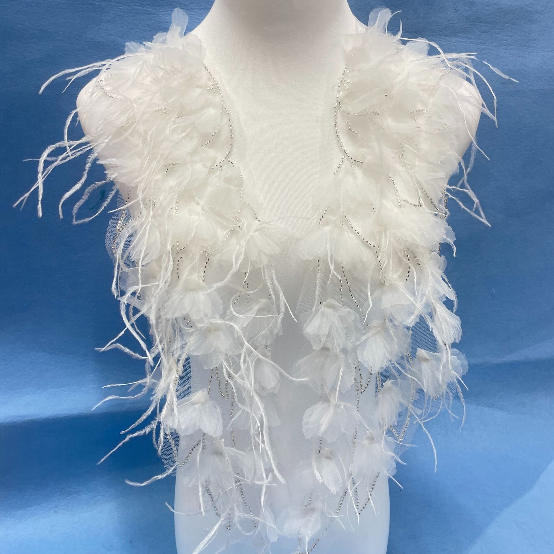 Ultra-Embellished Ostrich Feather & Beaded 3D Floral Sleeve Appliqué – Ethereal DIY Trim for Evening Gowns, Stage Costumes & Bridal Fashion Accessories