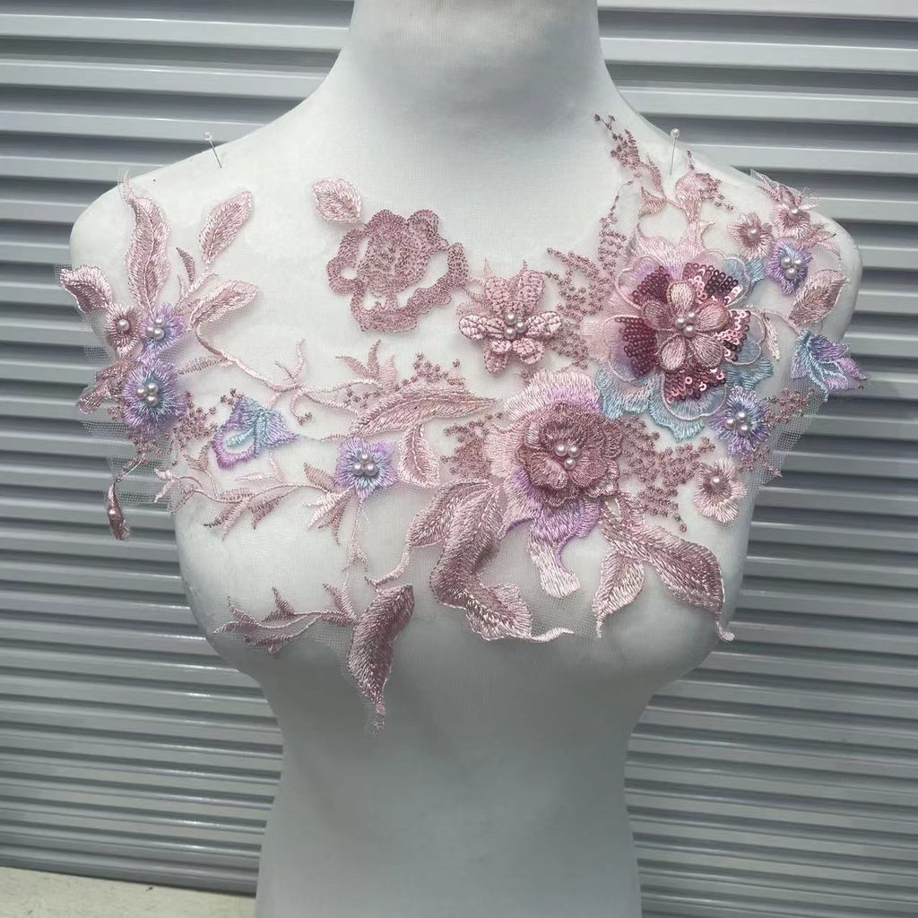 Colorful 3D Beaded Rhinestone Embroidered Lace Applique Patch - DIY Dressmaking Sewing Craft Supplies for Evening Gowns & Costumes