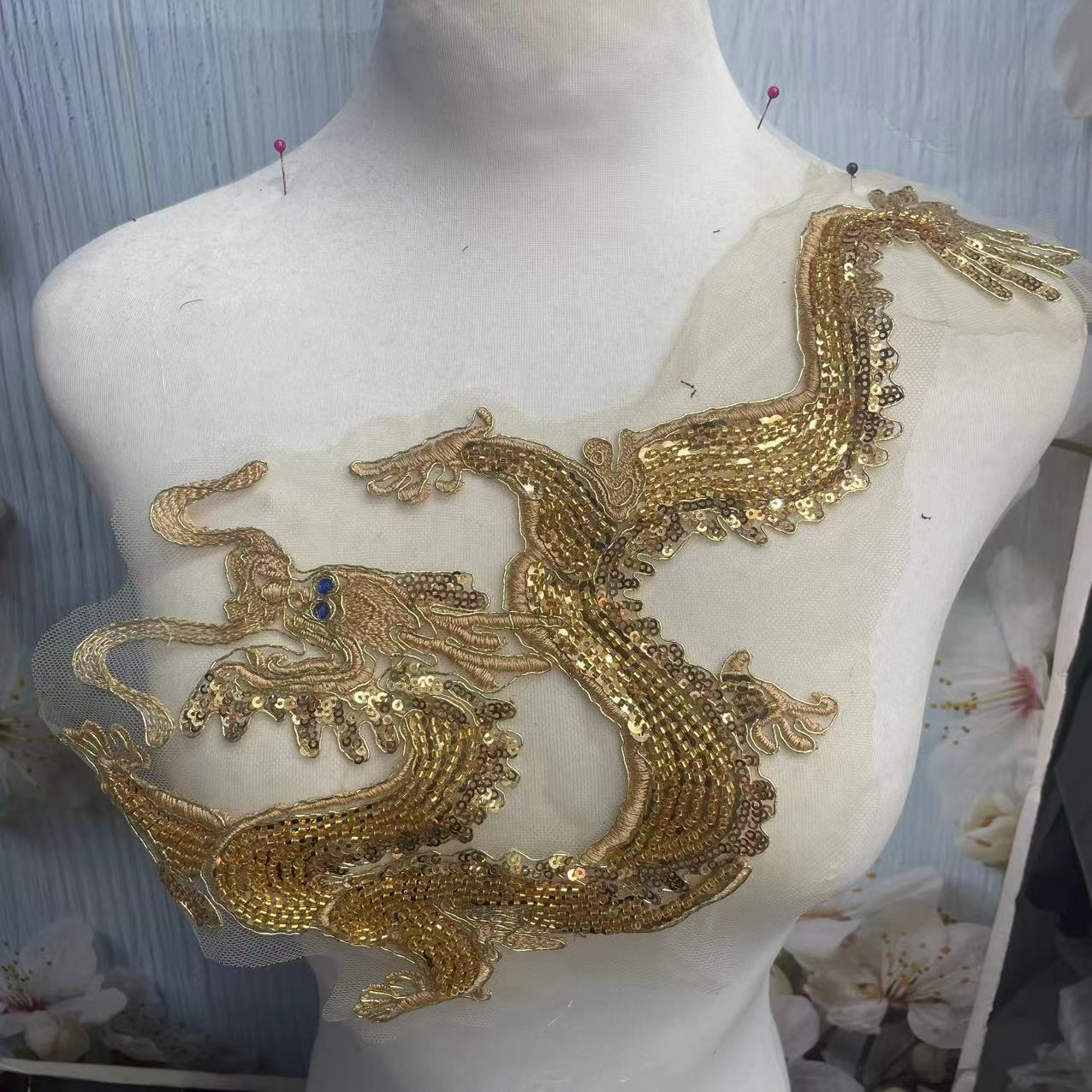 Dragon and Phoenix Embroidery Patch, Gold Sequins Applique for Wedding Cheongsam, Bridal Qipao, Traditional Chinese Costume