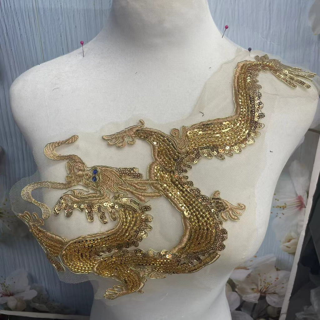 Gold Dragon & Phoenix Sequin Embroidered Iron-On Patches – Shimmering Appliqué for Qipao, Wedding Dress & DIY Craft, Traditional Chinese Textile Embellishment for Sewing & Fashion Design