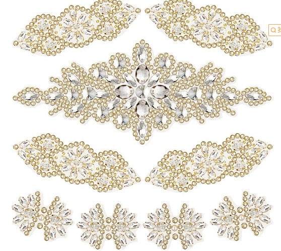 9 Pcs Rhinestone Applique Patches with Back Glue, Sparkling Iron-on Gems for Dancewear, Performance Costumes, Ice Skating Dress, Garment Embellishment