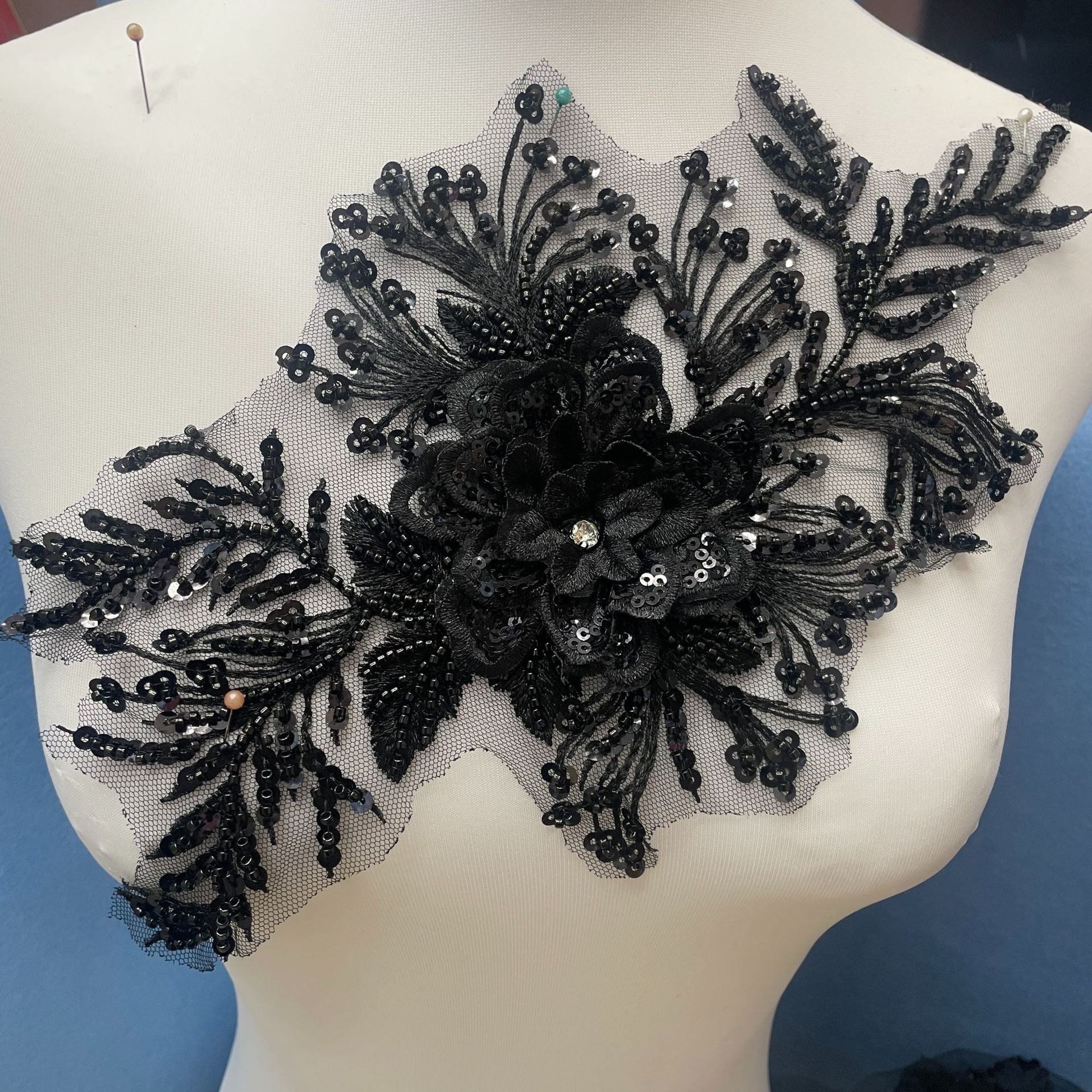 Premium Lace Floral Appliqué with Hand-Sewn Beads & Sequins – Embellished Wedding Dress Trim for Bridal Gowns, DIY Sewing Embroidery Patch, Delicate Lace Edging for Formal Wear & Craft Projects