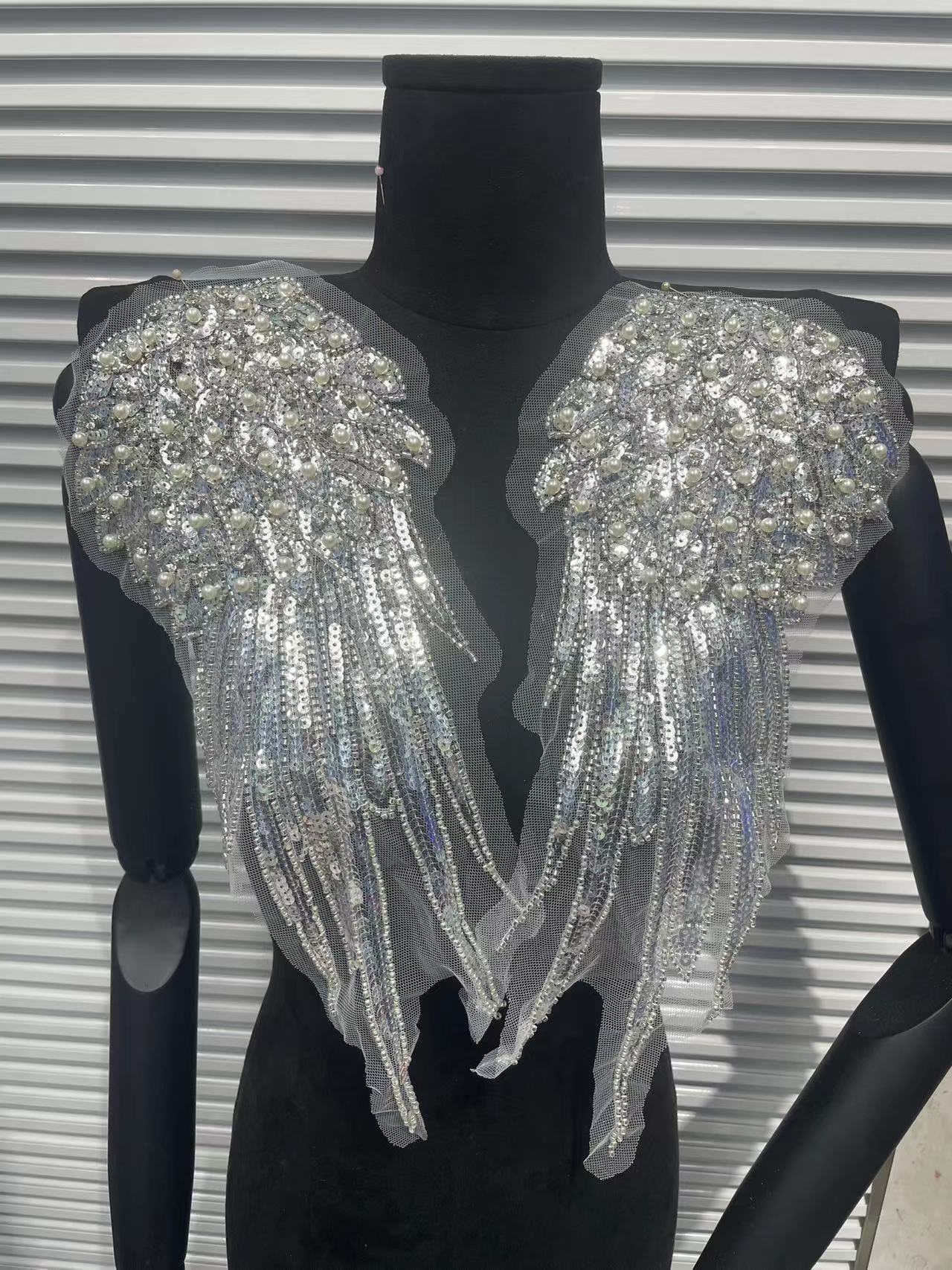 Fashion Pearl & Full Crystal Wing High-Quality Beaded Embroidery DIY Sequins Applique Patch - Luxury Sewing Craft Supply