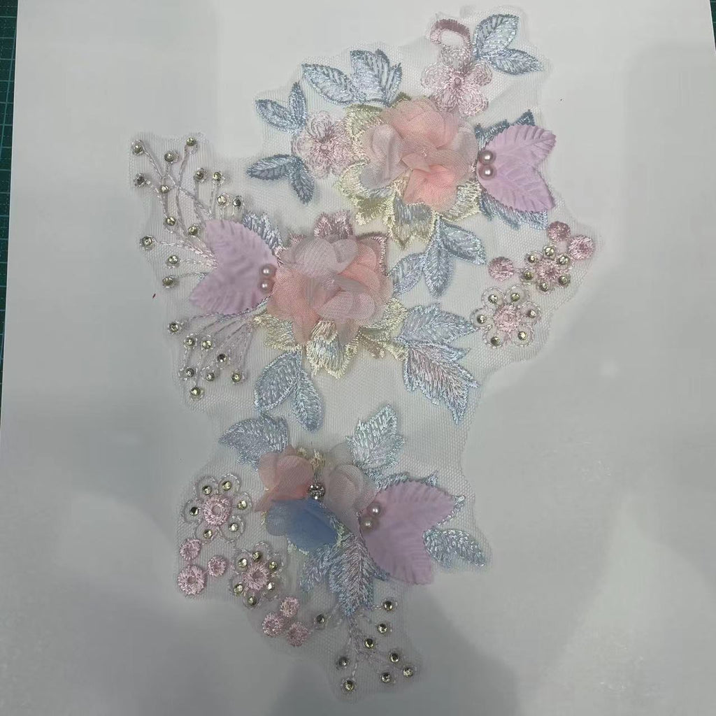 3D Embroidered Floral Appliqué with Beading & Hot-Fix Rhinestones – Sparkling Sew-On Flower Trim for Performance Costumes, Hanfu, Bridal Gowns, Kids' Dresses & DIY Fashion Embellishment