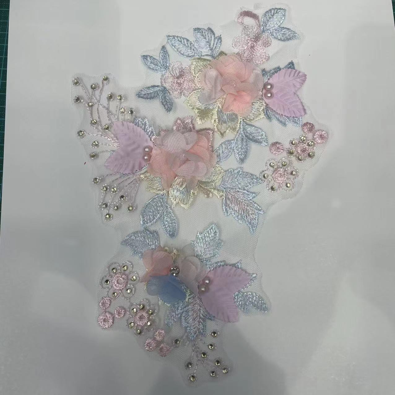 3D Embroidered Floral Appliqué with Beading & Hot-Fix Rhinestones – Sparkling Sew-On Flower Trim for Performance Costumes, Hanfu, Bridal Gowns, Kids' Dresses & DIY Fashion Embellishment