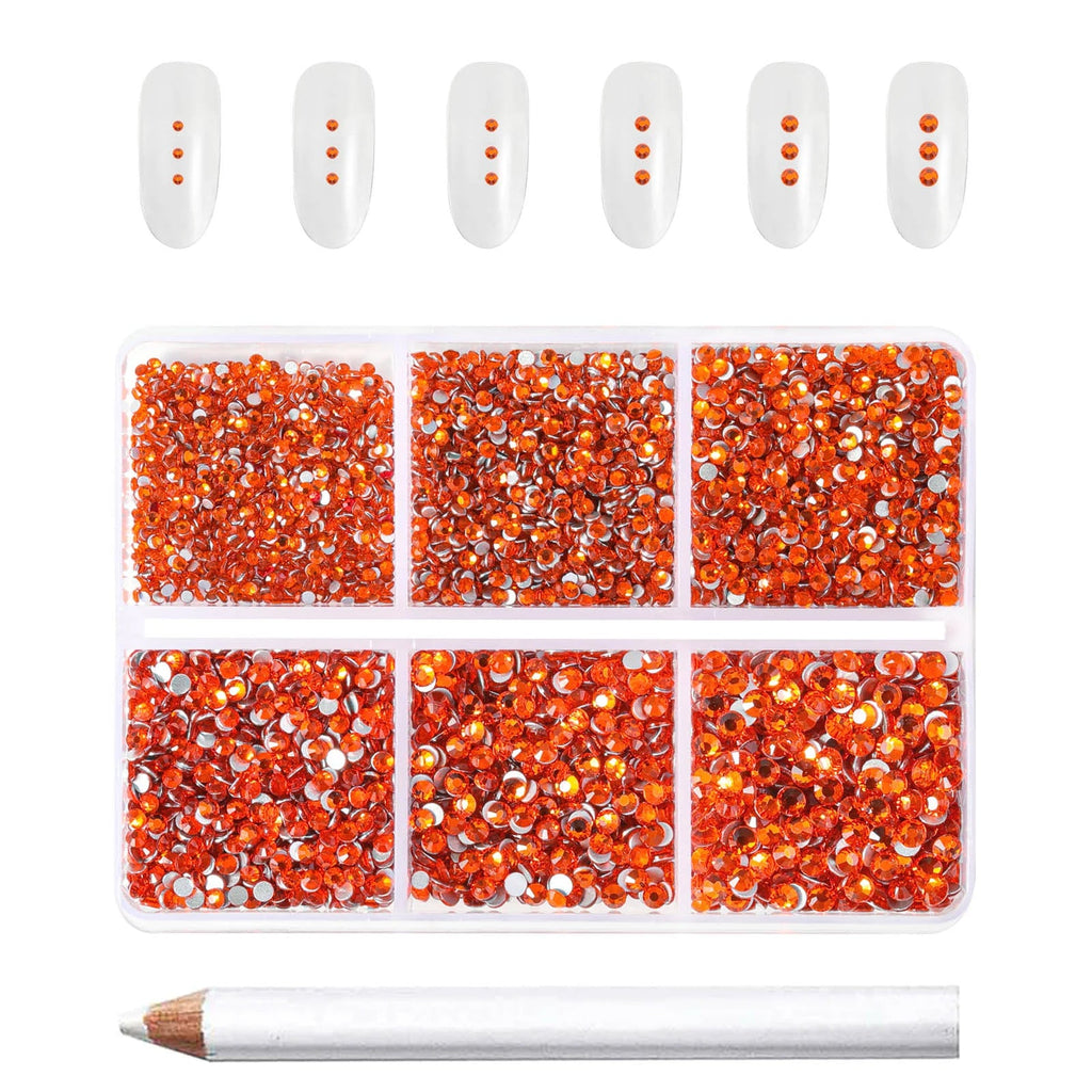 7200pcs Flatback Rhinestones,Nail Gems Round Crystal Rhinestones for Crafts,Mixed 6 Sizes with Wax Pencil Kit, SS3-SS10- Orange