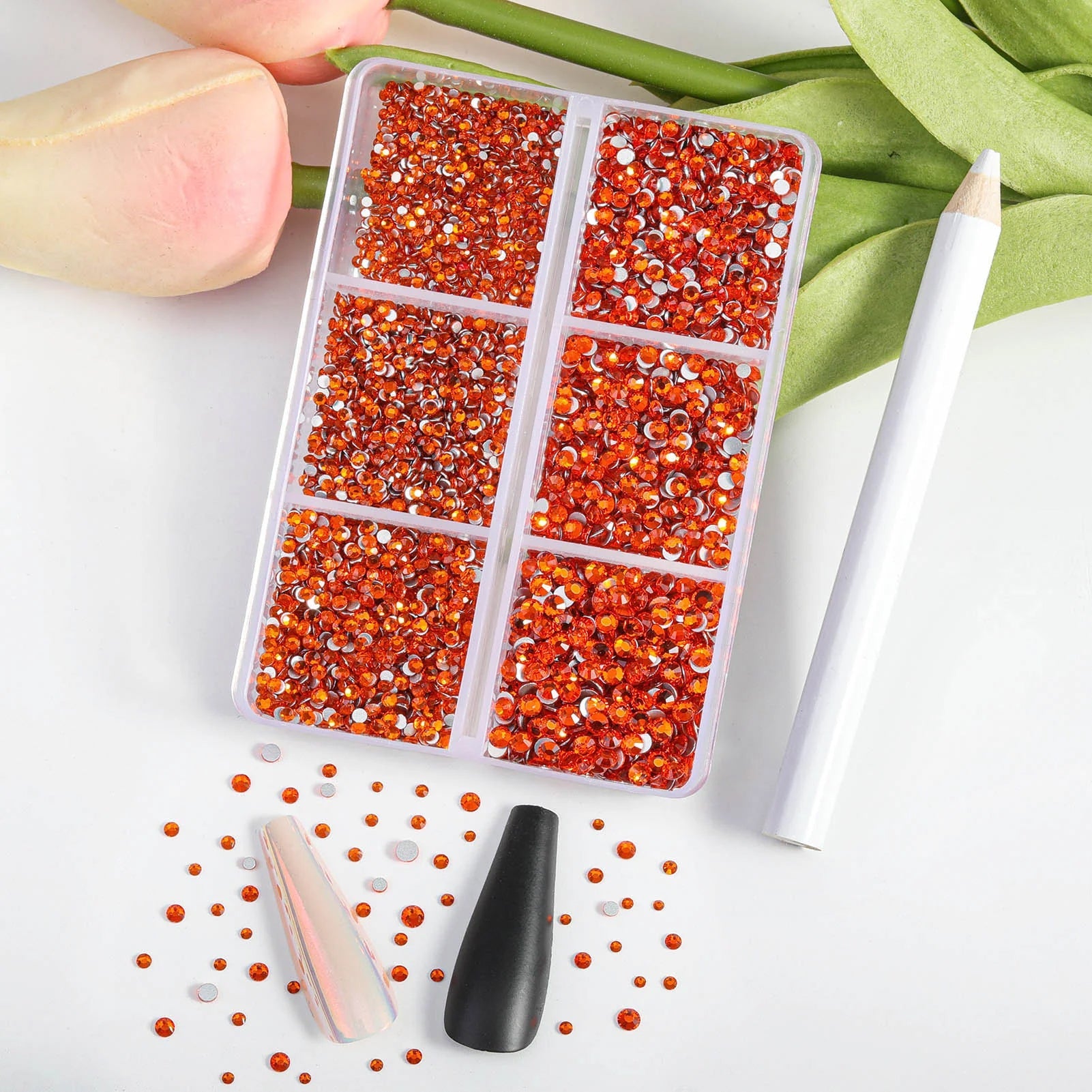 7200pcs Flatback Rhinestones,Nail Gems Round Crystal Rhinestones for Crafts,Mixed 6 Sizes with Wax Pencil Kit, SS3-SS10- Orange