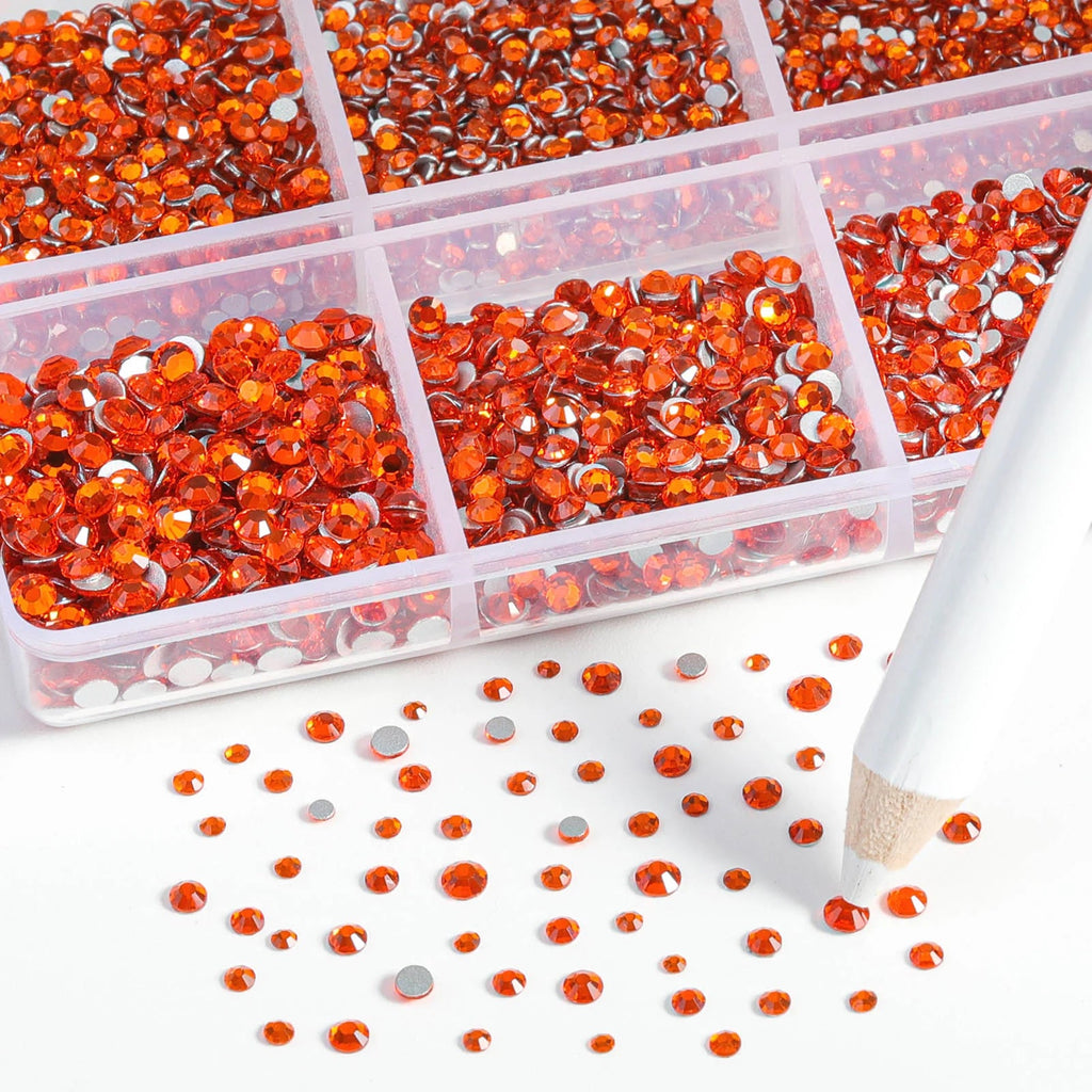 7200pcs Flatback Rhinestones,Nail Gems Round Crystal Rhinestones for Crafts,Mixed 6 Sizes with Wax Pencil Kit, SS3-SS10- Orange