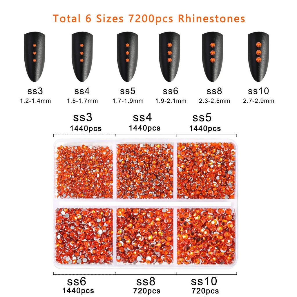 7200pcs Flatback Rhinestones,Nail Gems Round Crystal Rhinestones for Crafts,Mixed 6 Sizes with Wax Pencil Kit, SS3-SS10- Orange