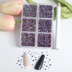 7200pcs Flatback Rhinestones,Nail Gems Round Crystal Rhinestones for Crafts,Mixed 6 Sizes with Wax Pencil Kit, SS3-SS10-Purple