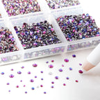 7200pcs Flatback Rhinestones,Nail Gems Round Crystal Rhinestones for Crafts,Mixed 6 Sizes with Wax Pencil Kit, SS3-SS10-Purple