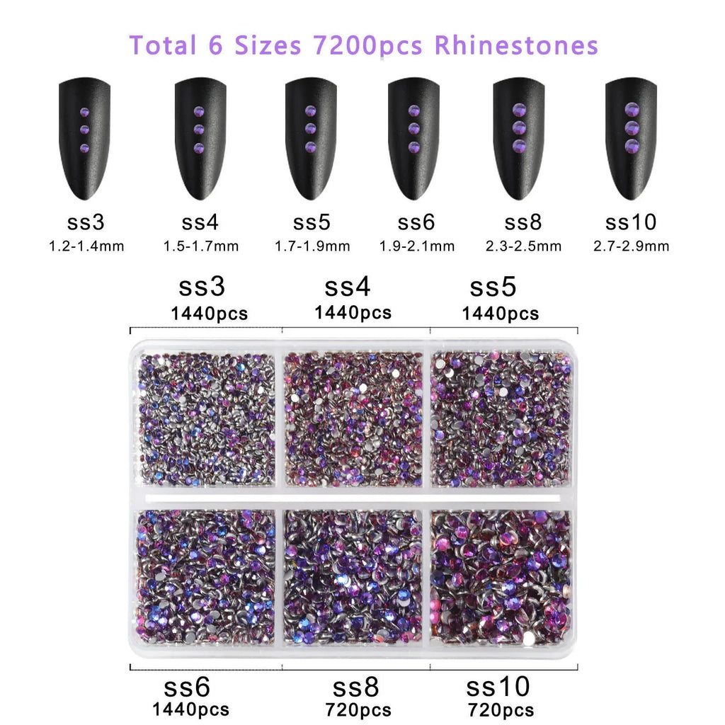 7200pcs Flatback Rhinestones,Nail Gems Round Crystal Rhinestones for Crafts,Mixed 6 Sizes with Wax Pencil Kit, SS3-SS10-Purple