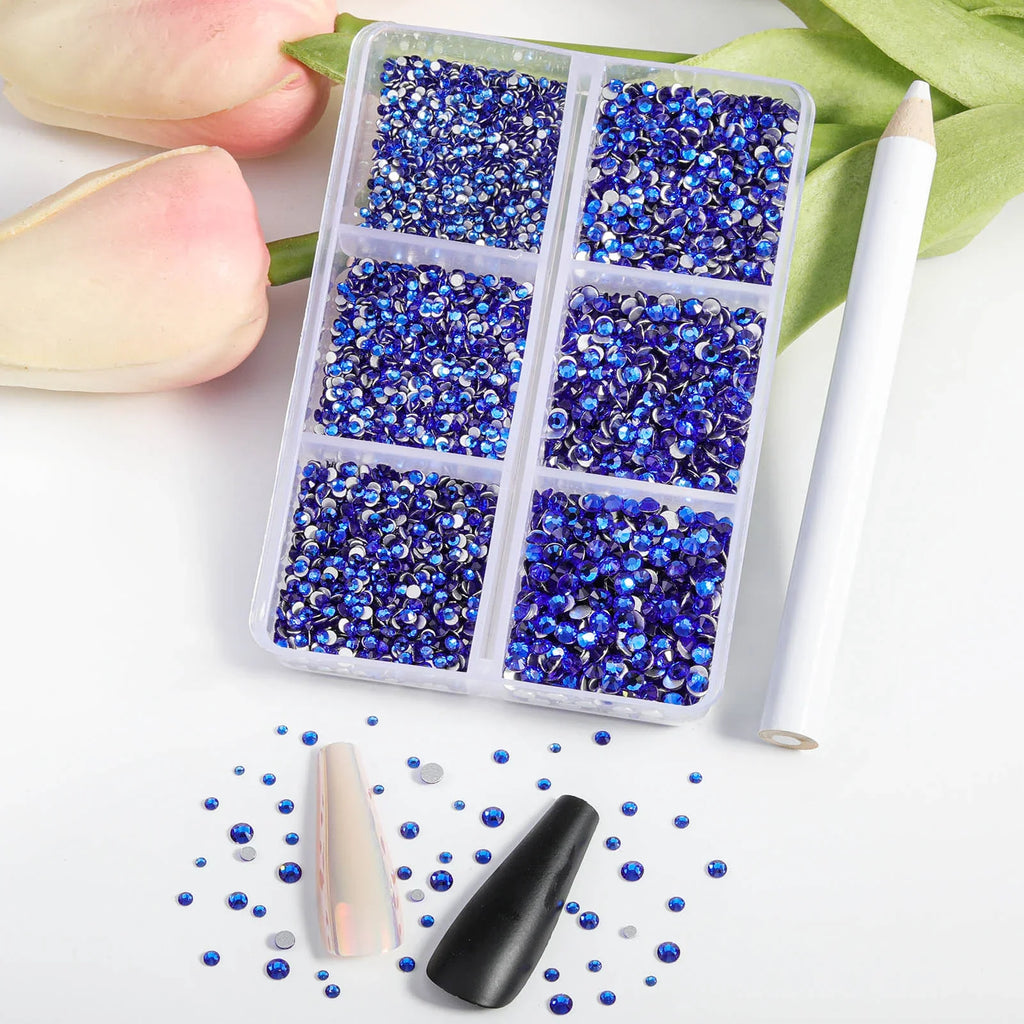 7200pcs Flatback Rhinestones,Nail Gems Round Crystal Rhinestones for Crafts,Mixed 6 Sizes with Wax Pencil Kit, SS3-SS10- Sapphire