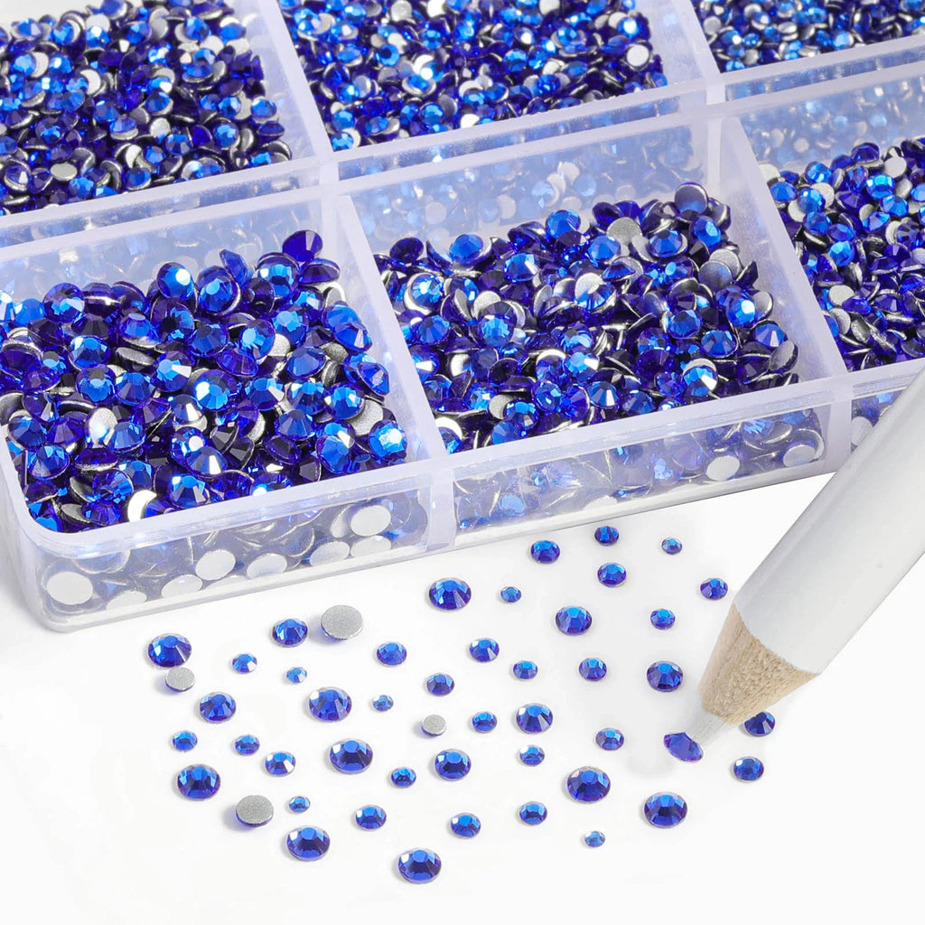 7200pcs Flatback Rhinestones,Nail Gems Round Crystal Rhinestones for Crafts,Mixed 6 Sizes with Wax Pencil Kit, SS3-SS10- Sapphire