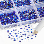 7200pcs Flatback Rhinestones,Nail Gems Round Crystal Rhinestones for Crafts,Mixed 6 Sizes with Wax Pencil Kit, SS3-SS10- Sapphire