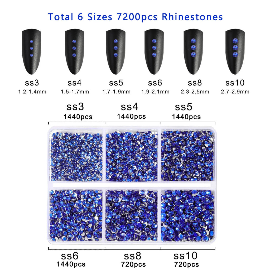 7200pcs Flatback Rhinestones,Nail Gems Round Crystal Rhinestones for Crafts,Mixed 6 Sizes with Wax Pencil Kit, SS3-SS10- Sapphire