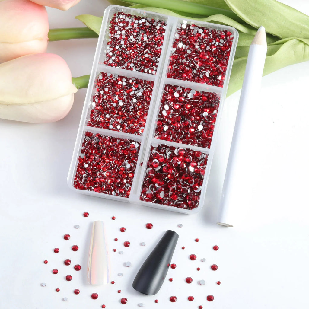 7200pcs Flatback Rhinestones,Nail Gems Round Crystal Rhinestones for Crafts,Mixed 6 Sizes with Wax Pencil Kit, SS3-SS10-Siam