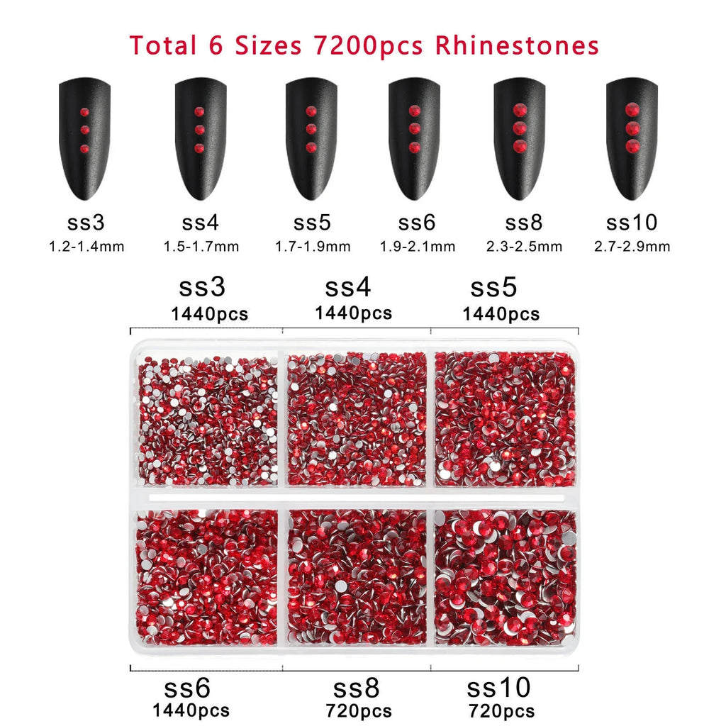 7200pcs Flatback Rhinestones,Nail Gems Round Crystal Rhinestones for Crafts,Mixed 6 Sizes with Wax Pencil Kit, SS3-SS10-Siam