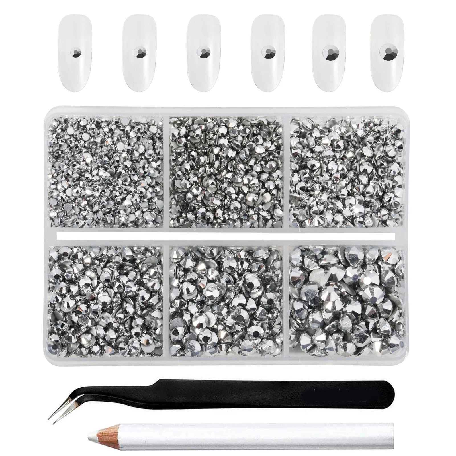 4300pcs Flatback Rhinestones, Nail Gems Round Crystal Rhinestones for Crafts,Mixed 6 Sizes with Picking Tweezers and Wax Pencil Kit- Silver