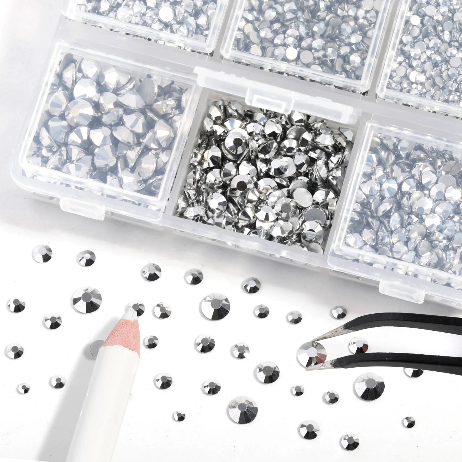 4300pcs Flatback Rhinestones, Nail Gems Round Crystal Rhinestones for Crafts,Mixed 6 Sizes with Picking Tweezers and Wax Pencil Kit- Silver
