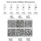 4300pcs Flatback Rhinestones, Nail Gems Round Crystal Rhinestones for Crafts,Mixed 6 Sizes with Picking Tweezers and Wax Pencil Kit- Silver