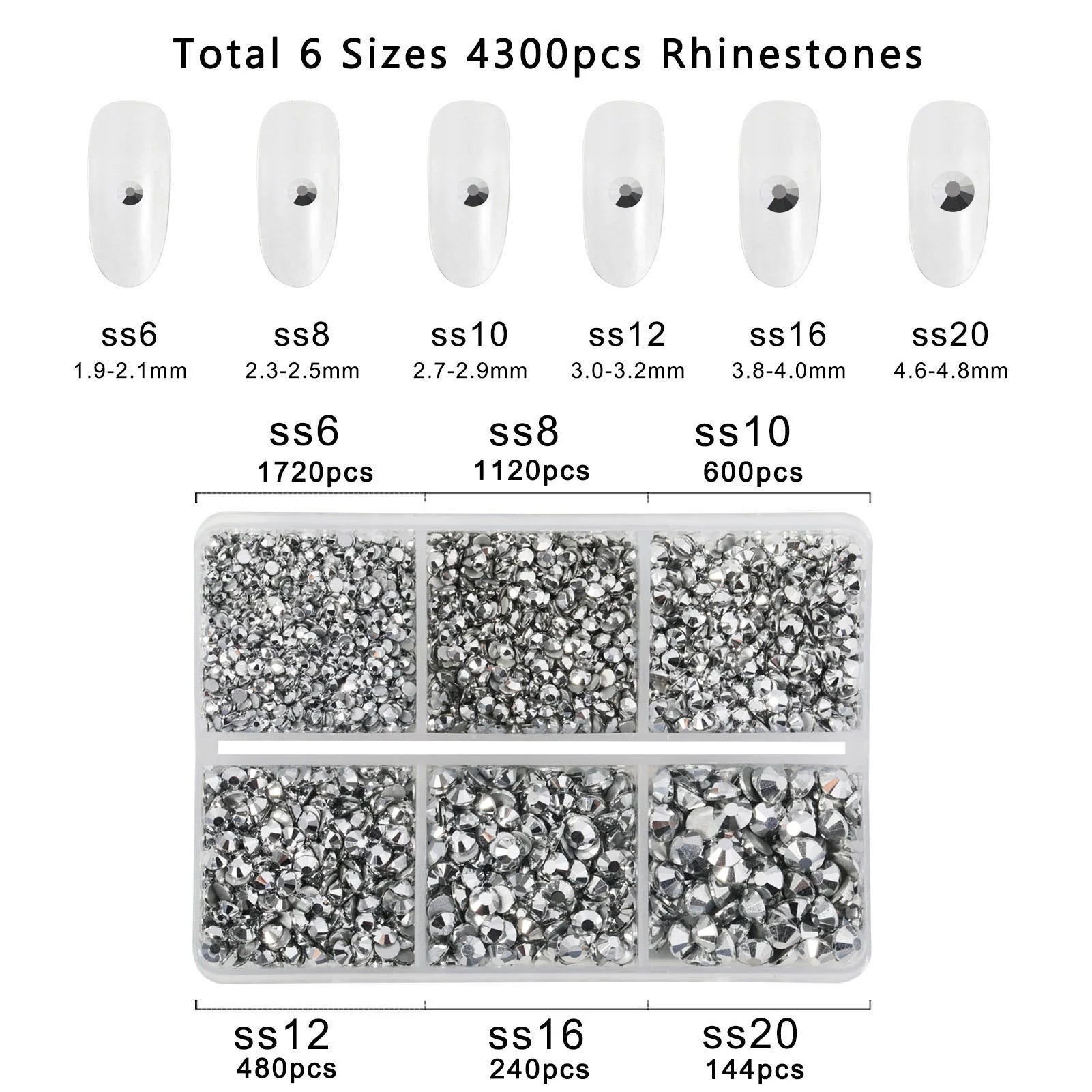 4300pcs Flatback Rhinestones, Nail Gems Round Crystal Rhinestones for Crafts,Mixed 6 Sizes with Picking Tweezers and Wax Pencil Kit- Silver