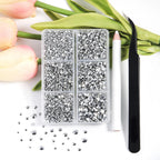 4300pcs Flatback Rhinestones, Nail Gems Round Crystal Rhinestones for Crafts,Mixed 6 Sizes with Picking Tweezers and Wax Pencil Kit- Silver