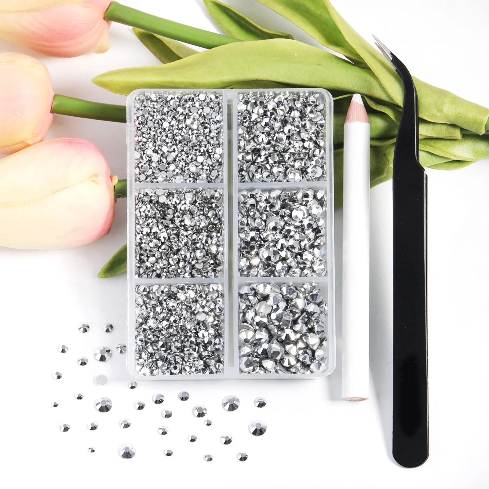 4300pcs Flatback Rhinestones, Nail Gems Round Crystal Rhinestones for Crafts,Mixed 6 Sizes with Picking Tweezers and Wax Pencil Kit- Silver