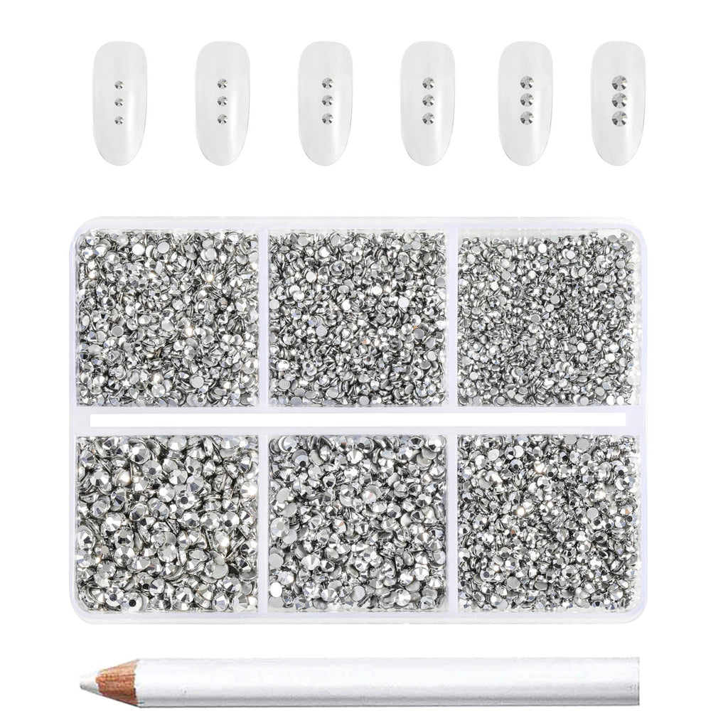 7200pcs Flatback Rhinestones,Nail Gems Round Crystal Rhinestones for Crafts,Mixed 6 Sizes with Wax Pencil Kit, SS3-SS10- Silver Hematite
