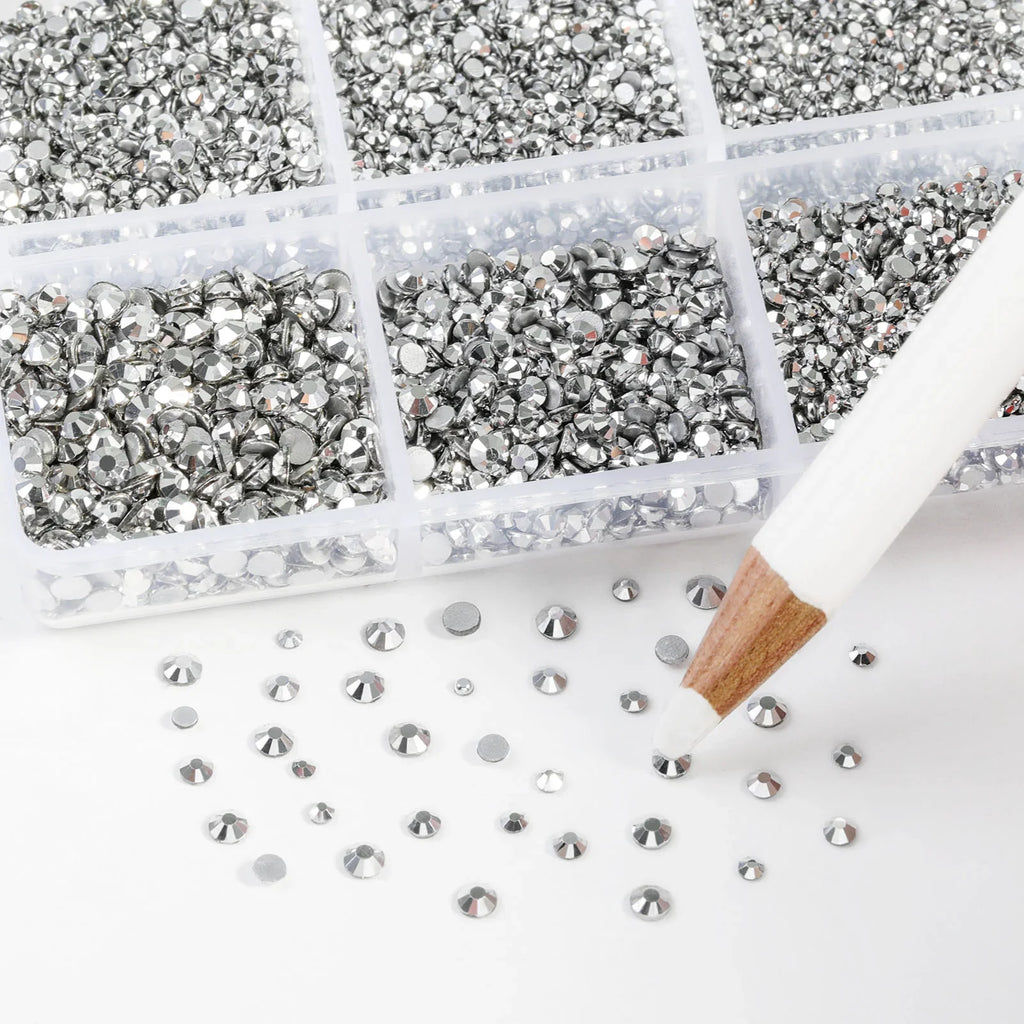 7200pcs Flatback Rhinestones,Nail Gems Round Crystal Rhinestones for Crafts,Mixed 6 Sizes with Wax Pencil Kit, SS3-SS10- Silver Hematite