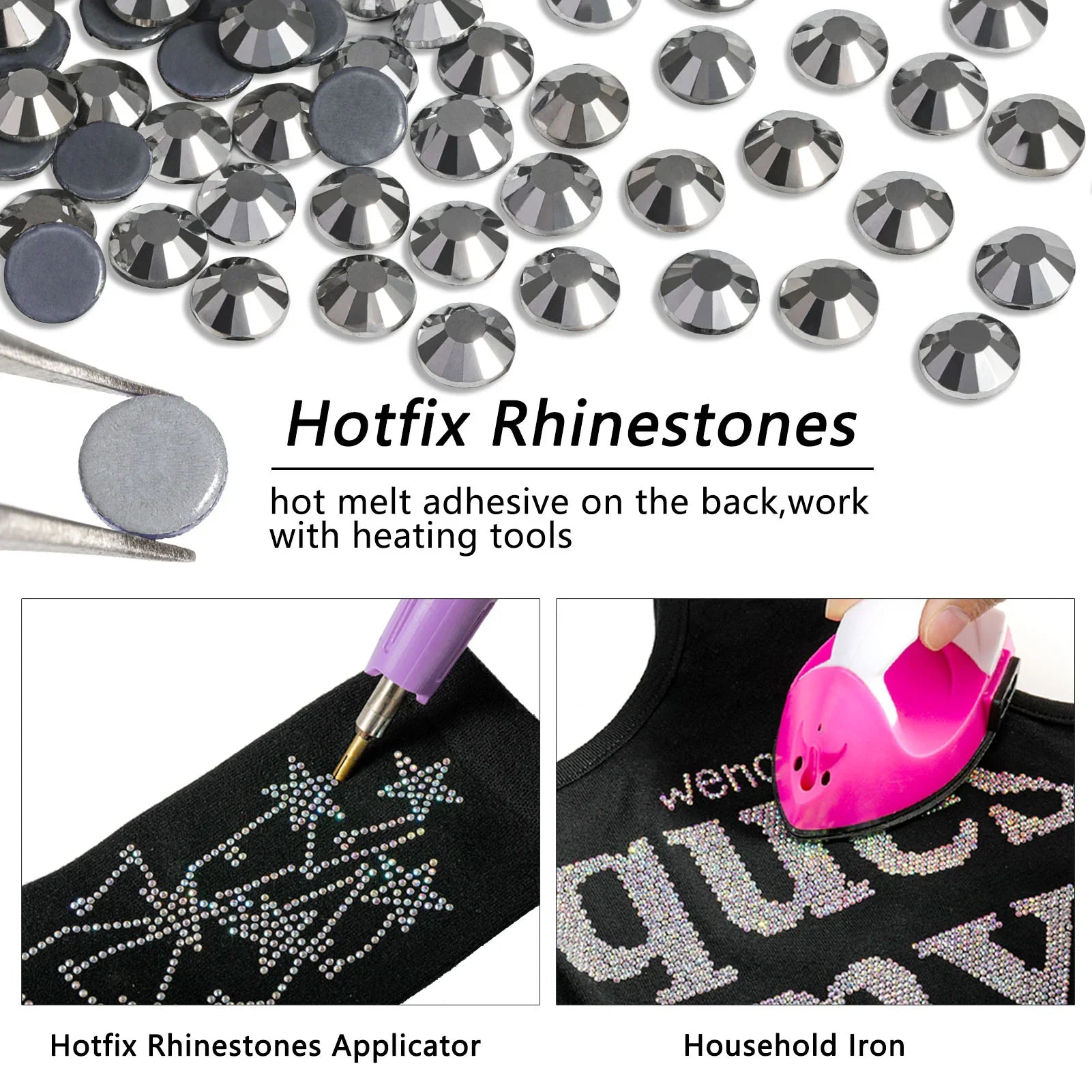 Hotfix Rhinestones, Crystal Rhinestones for Crafts Clothes DIY Decoration- Silver Hematite