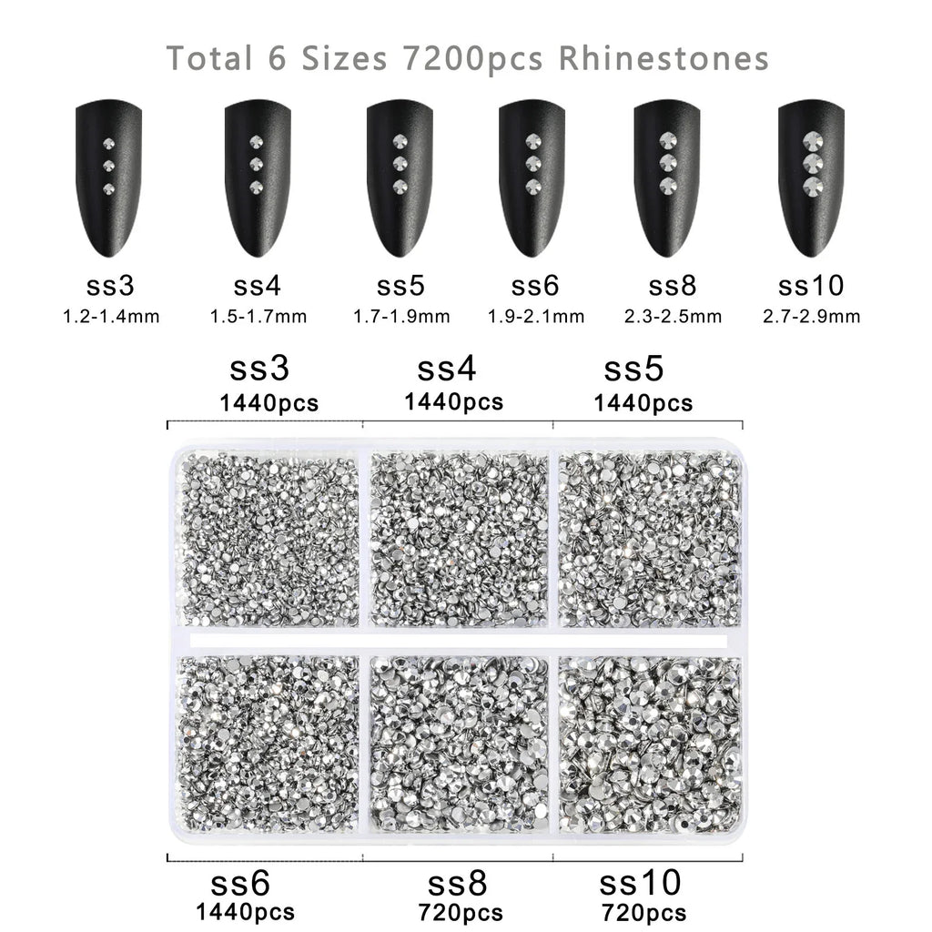 7200pcs Flatback Rhinestones,Nail Gems Round Crystal Rhinestones for Crafts,Mixed 6 Sizes with Wax Pencil Kit, SS3-SS10- Silver Hematite