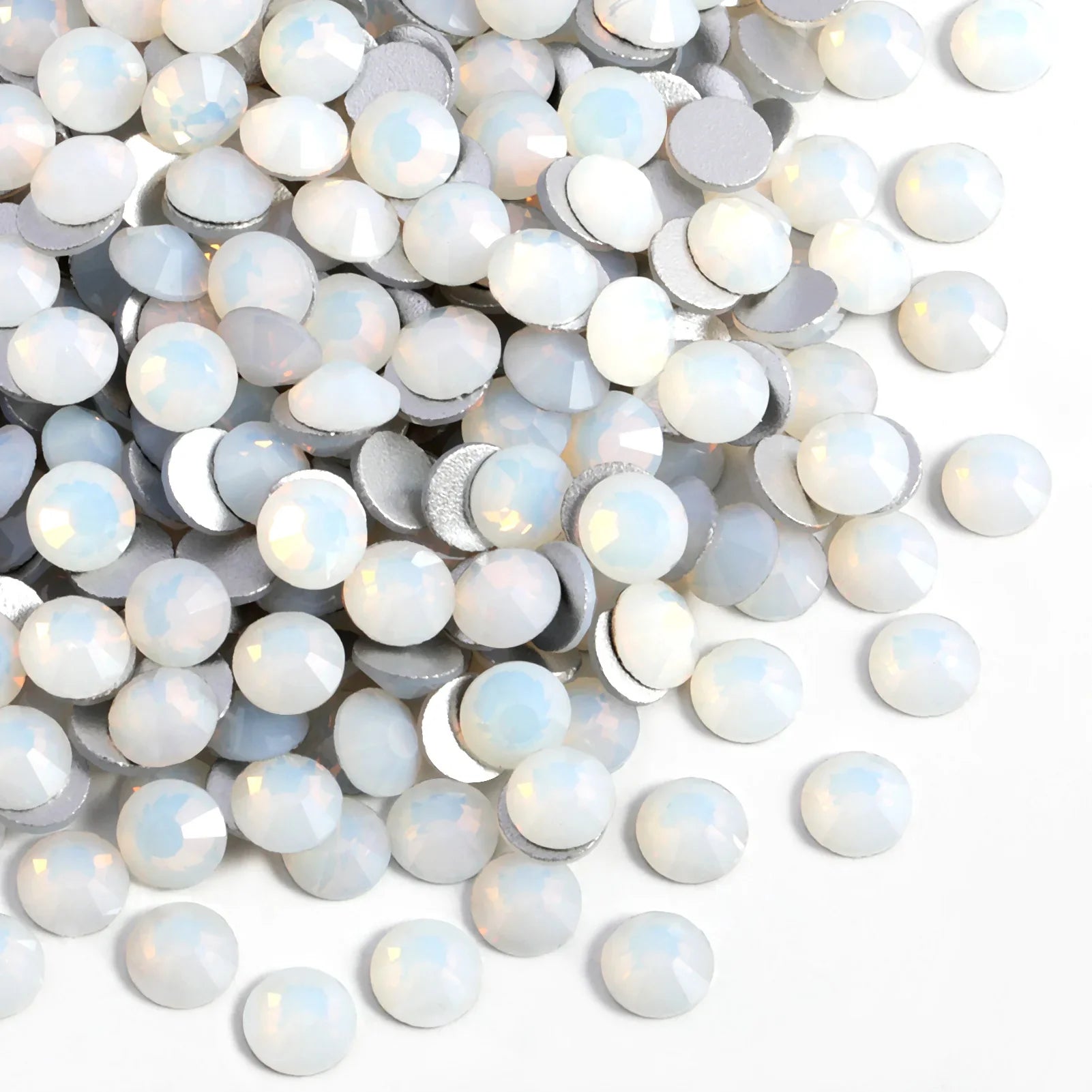 Flat Back Crystal Rhinestones Round Gems For Nail Art And Craft Glue Fix - White Opal