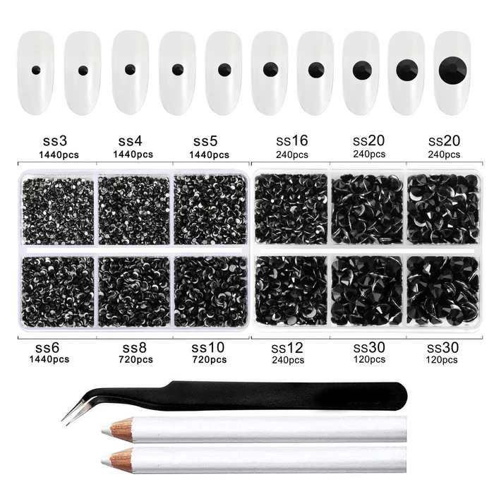 8300PCS Flatback Rhinestones, Nail Gems Round Crystal Rhinestones for Crafts, Mixed 10 Sizes with Wax Pencil and Tweezer Kit, SS3-SS30-Black