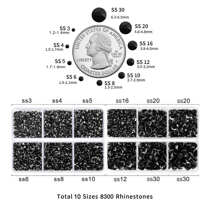 8300PCS Flatback Rhinestones, Nail Gems Round Crystal Rhinestones for Crafts, Mixed 10 Sizes with Wax Pencil and Tweezer Kit, SS3-SS30-Black