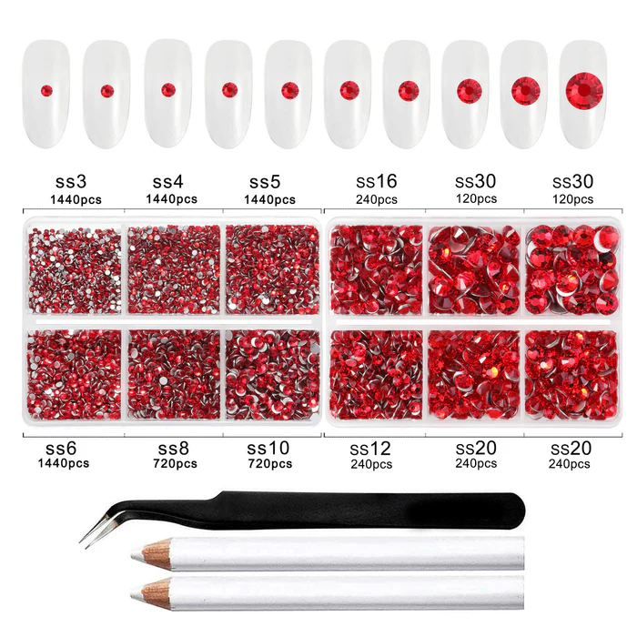 8300PCS Flatback Rhinestones, Nail Gems Round Crystal Rhinestones for Crafts, Mixed 10 Sizes with Wax Pencil and Tweezer Kit, SS3-SS30-Light Siam