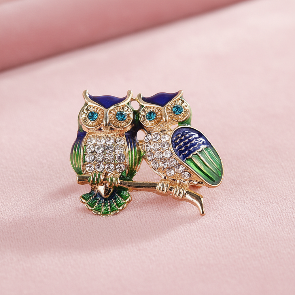 Twin Owl Brooch - Pink Theme